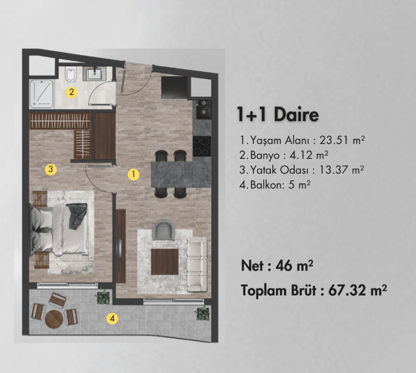 1+1 Daire Planı planı