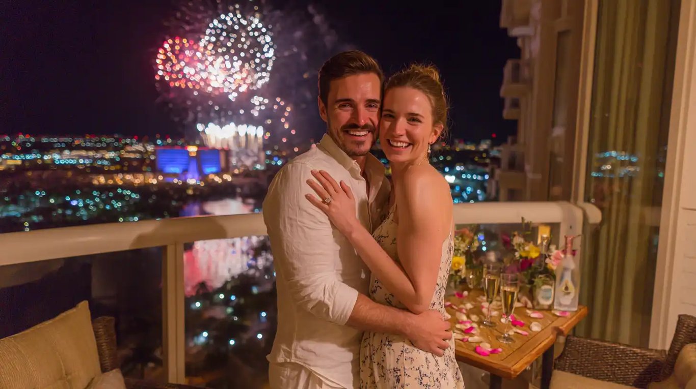 Couple celebrating proposal on hotel balcony