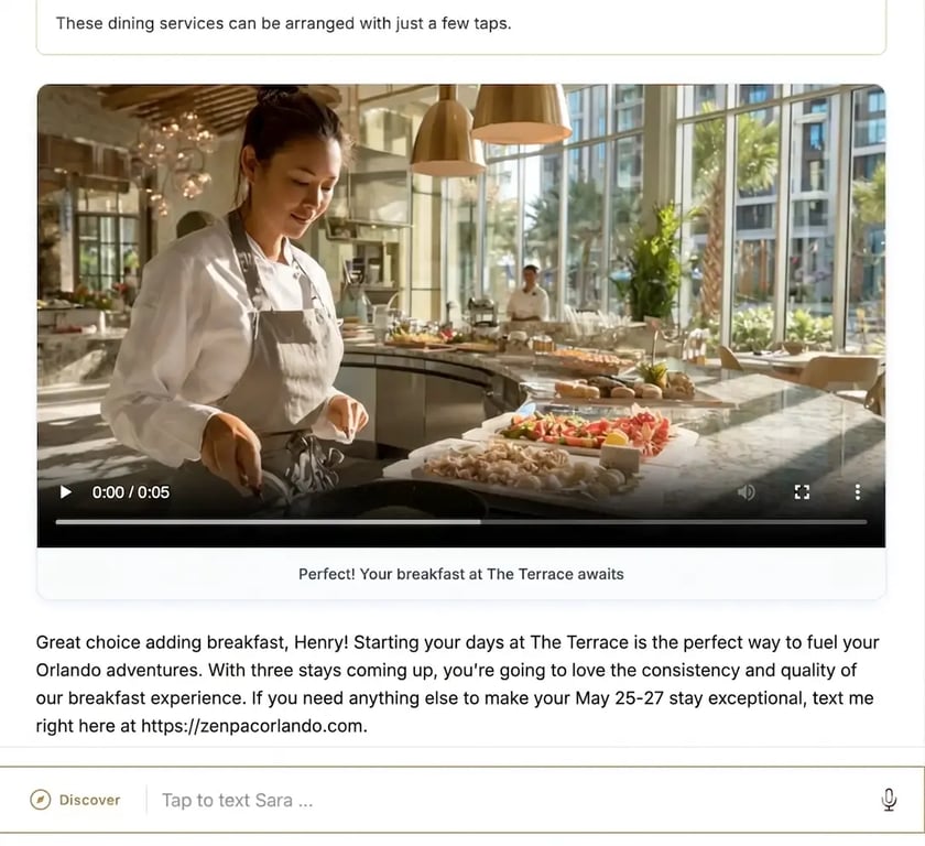 The Cordiant guest surface running live at Zen Pacific Orlando — Sara confirms breakfast at The Terrace with an embedded chef-prep video, a Perfect! Your breakfast at The Terrace awaits confirmation card, and a personalized response noting three stays coming up.