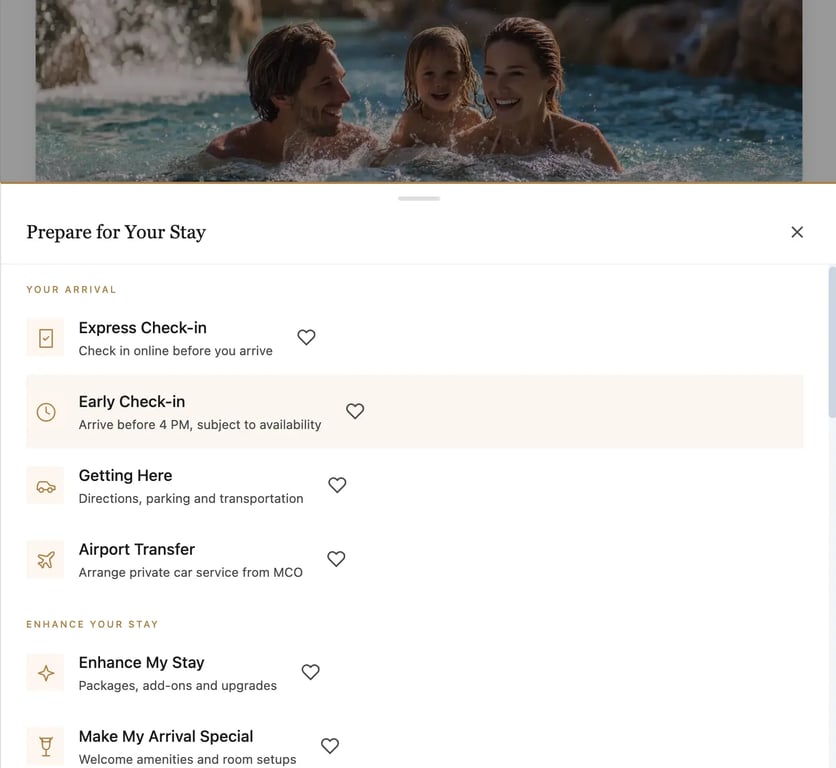 A family at the Zen Pacific Orlando pool above the Cordiant Discover sheet — a pre-arrival menu showing Express Check-in, Early Check-in, Getting Here, Airport Transfer, Enhance My Stay, and Make My Arrival Special.