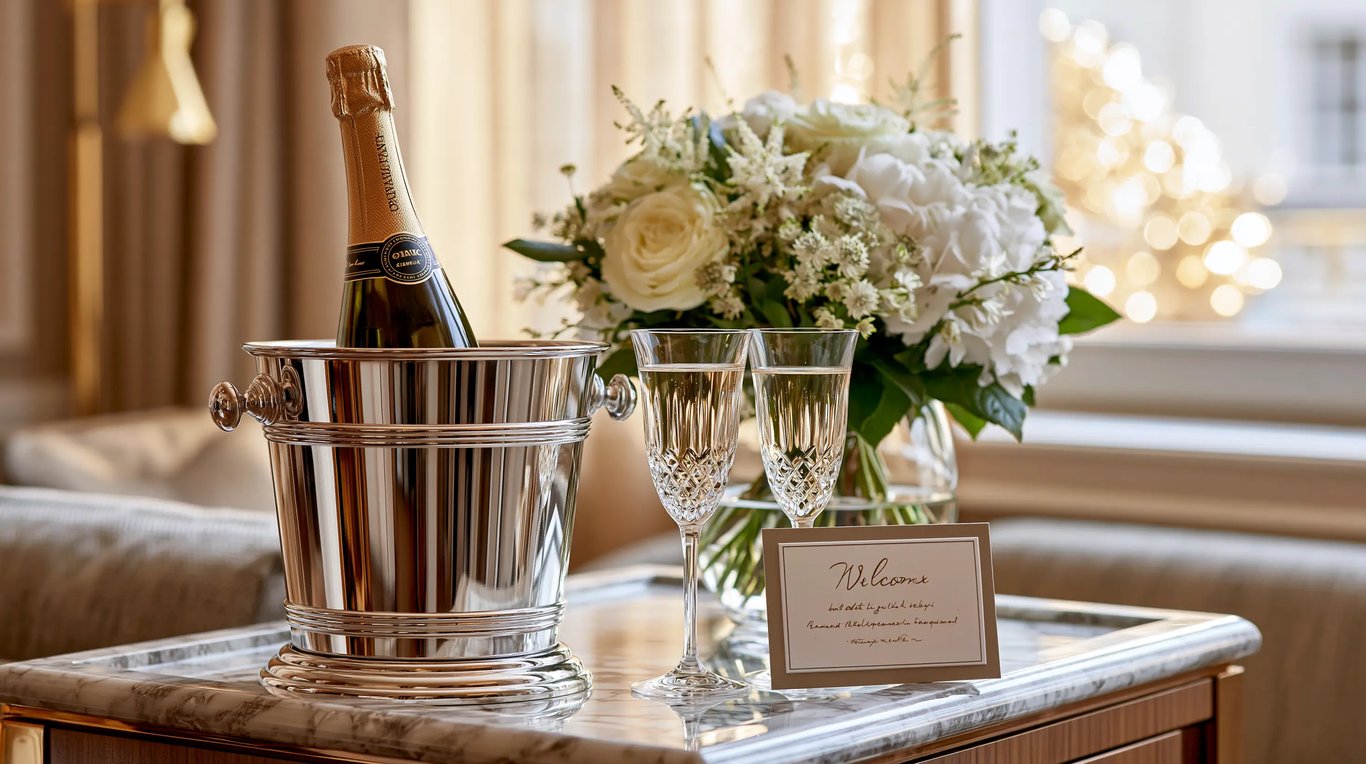 A champagne welcome waiting in a guest room on arrival