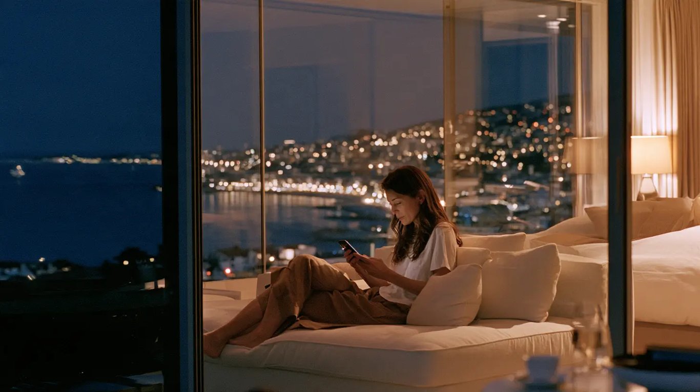 A guest on the daybed of her suite at dusk, looking at her phone, the city lights behind her
