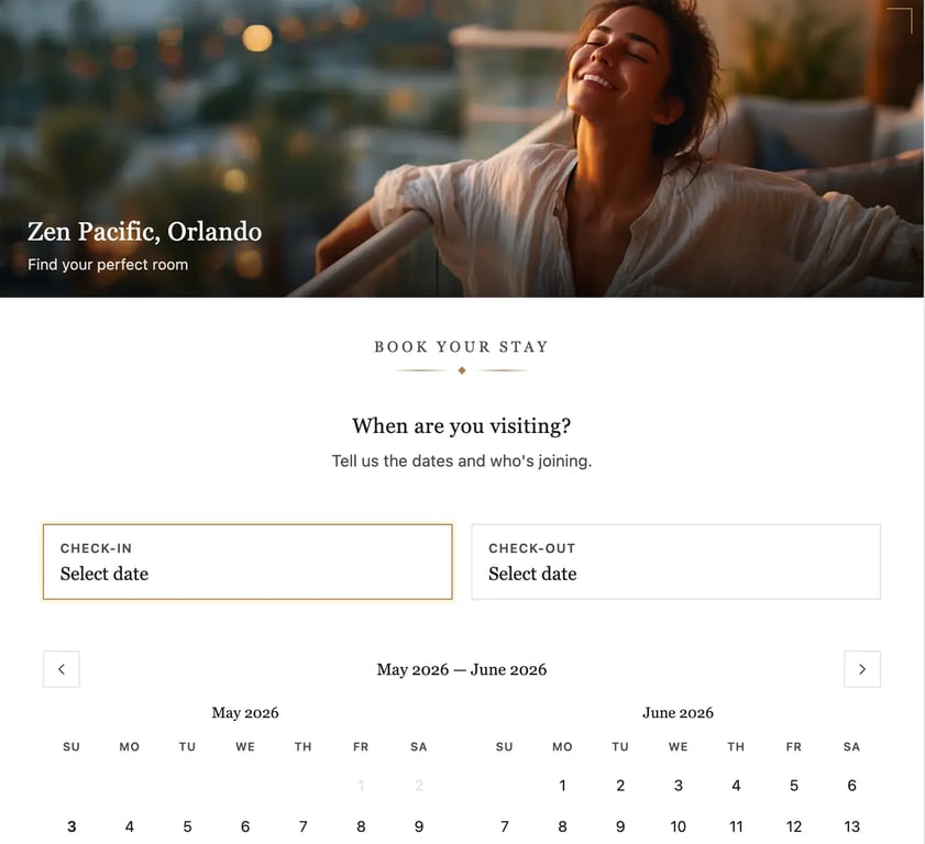 Zen Pacific Orlando booking flow on Cordiant — a guest selecting room, dates, and add-ons in the property's brand voice, with rooms presented as a vertical stream of cards rather than a calendar grid.