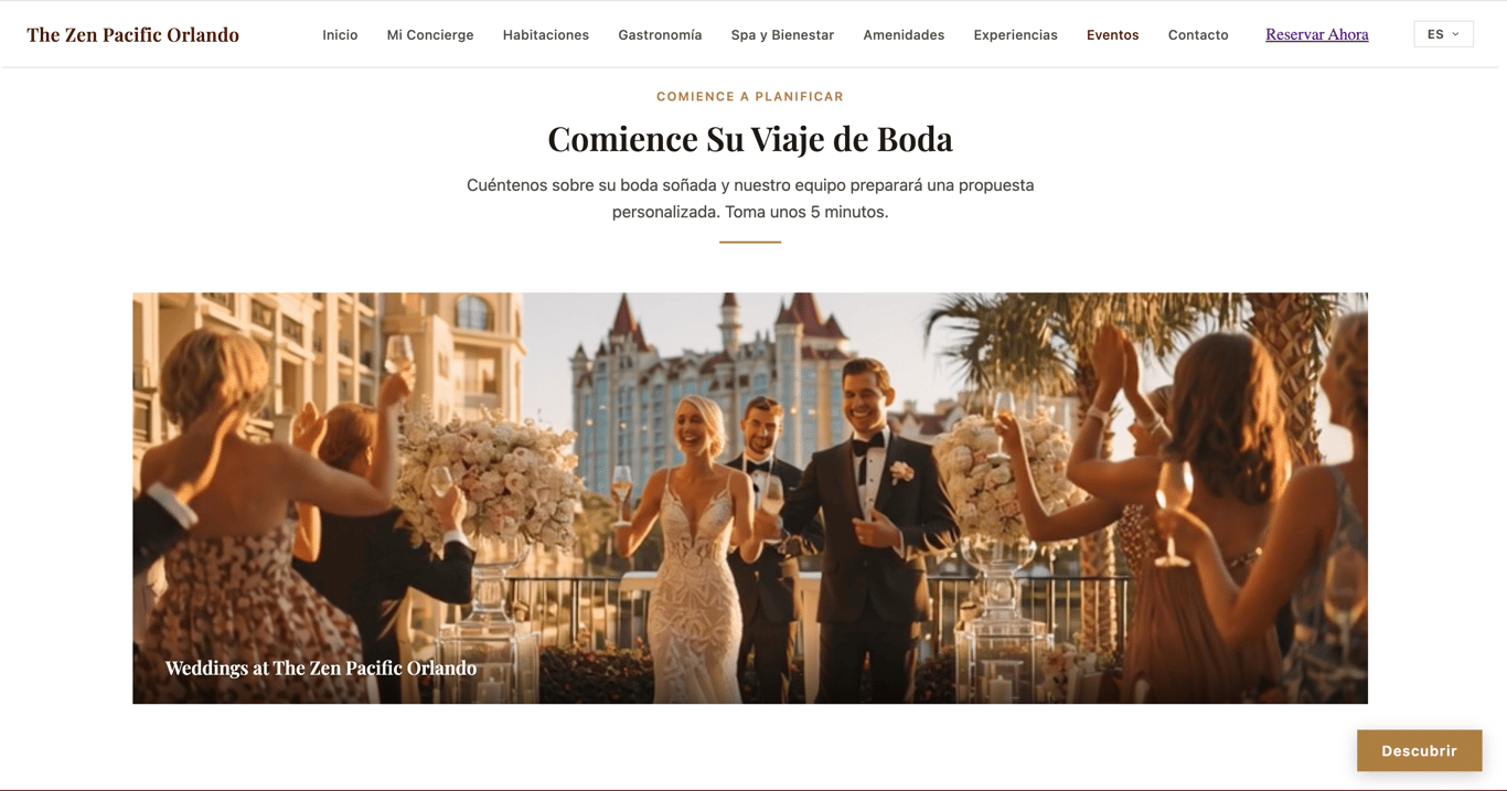 The Zen Pacific Orlando destination weddings page, in Spanish.