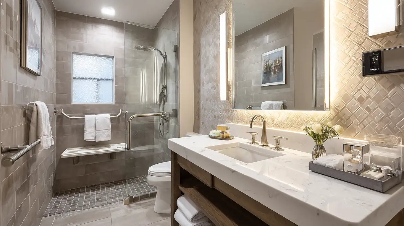 Accessible bathroom with roll-in shower