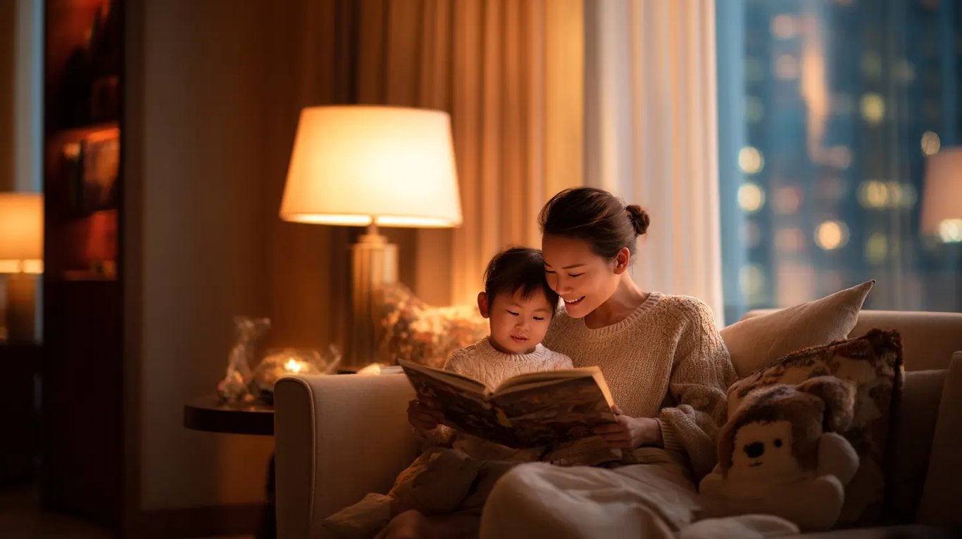 Mother reading bedtime story to child in luxury suite