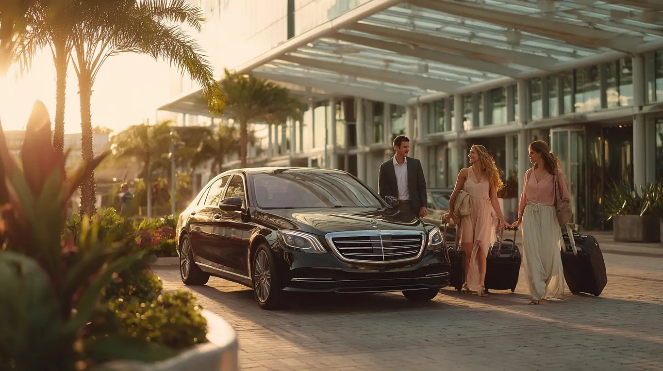 A chauffeured car at the airport for a hotel transfer