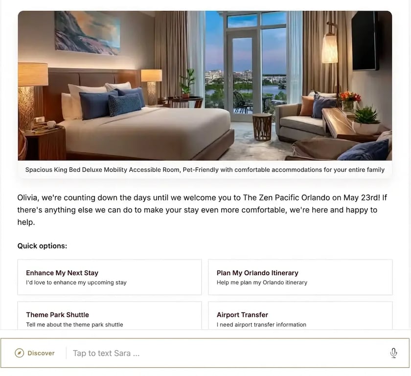The Cordiant guest surface running live at Zen Pacific Orlando — Sara welcomes Olivia, a returning guest, by name with a hero image of her assigned room and four quick options: Enhance My Next Stay, Plan My Orlando Itinerary, Theme Park Shuttle, Airport Transfer.