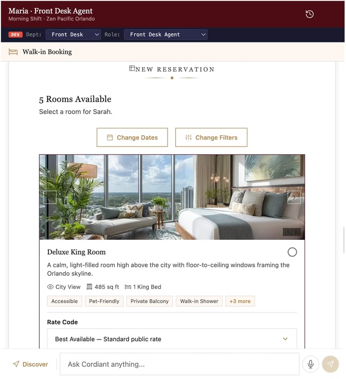 Cordiant Staff console — Maria's walk-in booking. The conversation stream pre-populates a New Reservation flow against live Opera Cloud.