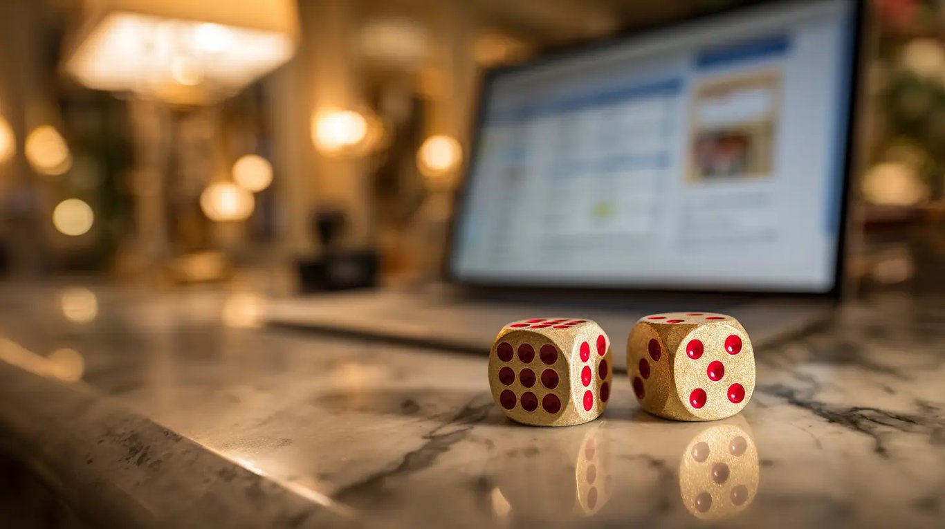 Two golden dice resting on a polished marble counter, with a point-of-sale screen blurred in the background — a visual metaphor for the unacceptable risk of AI that guesses at menu, availability, and pricing.