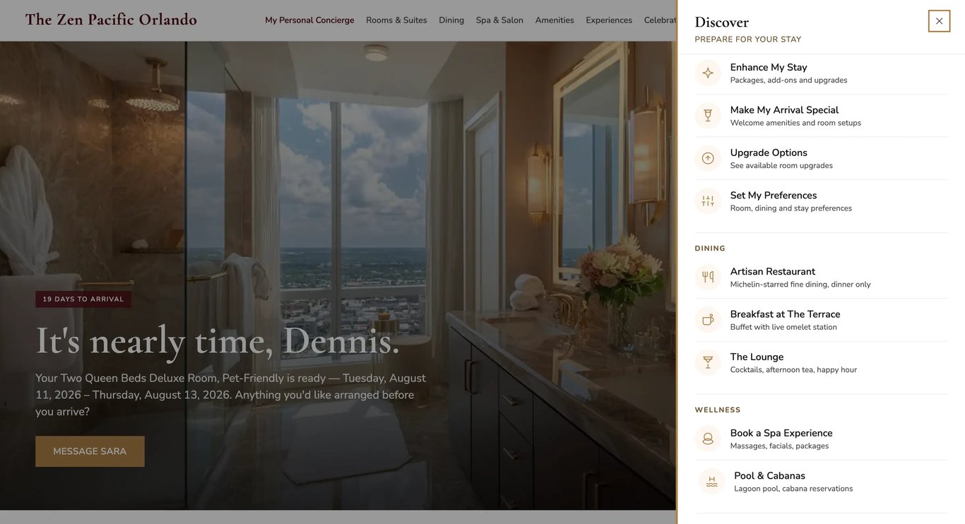 The Zen Pacific Orlando Thinking Website, personalized for a returning guest: a greeting by name, the guest's upcoming pet-friendly booking, a Message Sara personal concierge, and a Discover panel offering dining, wellness and stay enhancements.