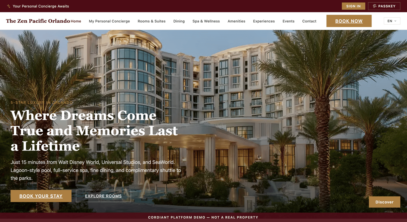 The Zen Pacific Orlando property website home page, in English.