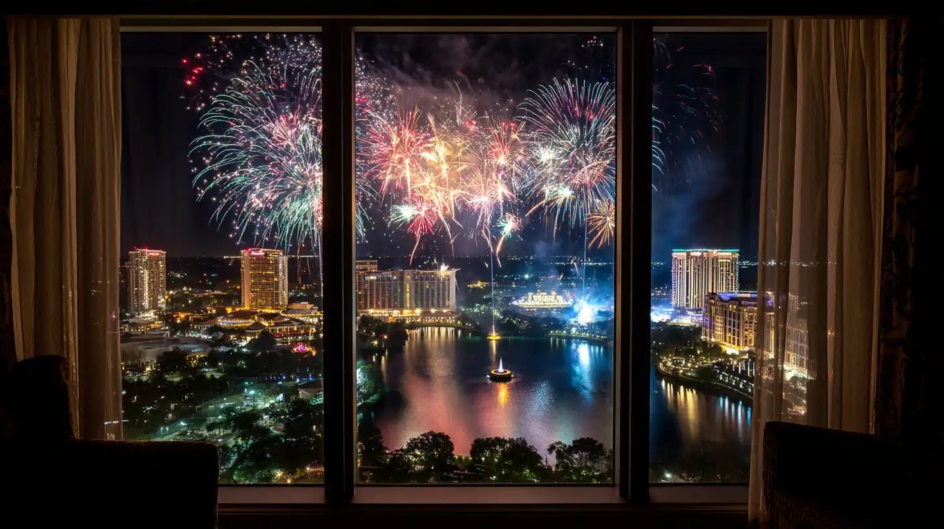 Two Queen Suite at night with fireworks