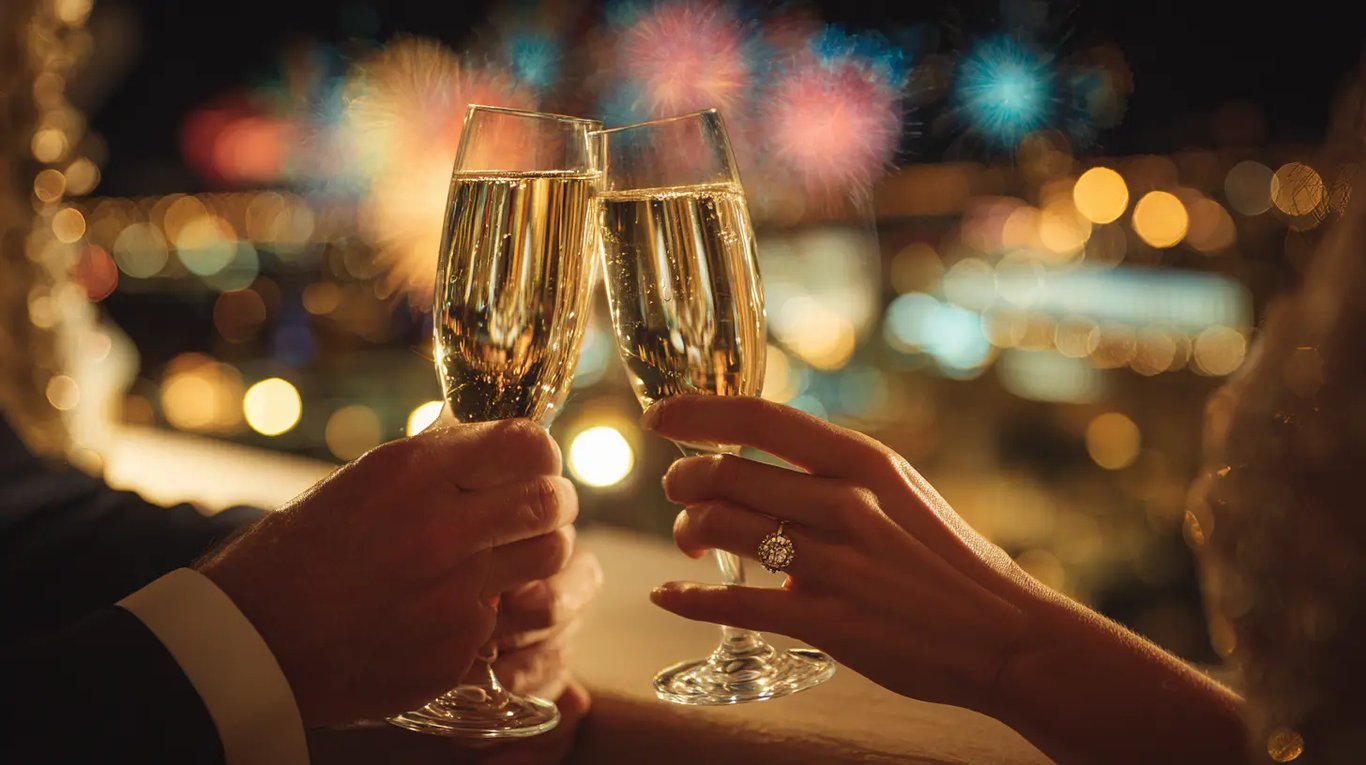Champagne toast on balcony