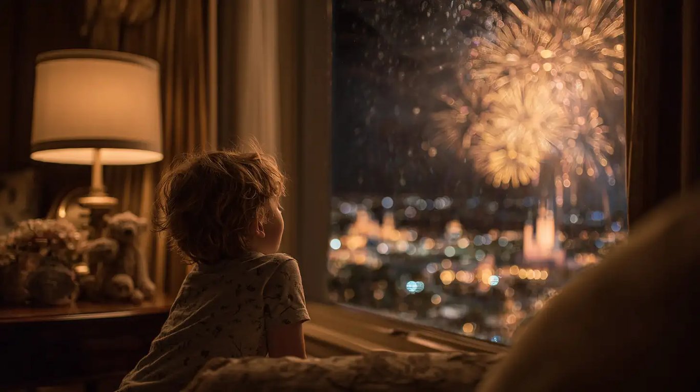 Child watching Disney fireworks from room