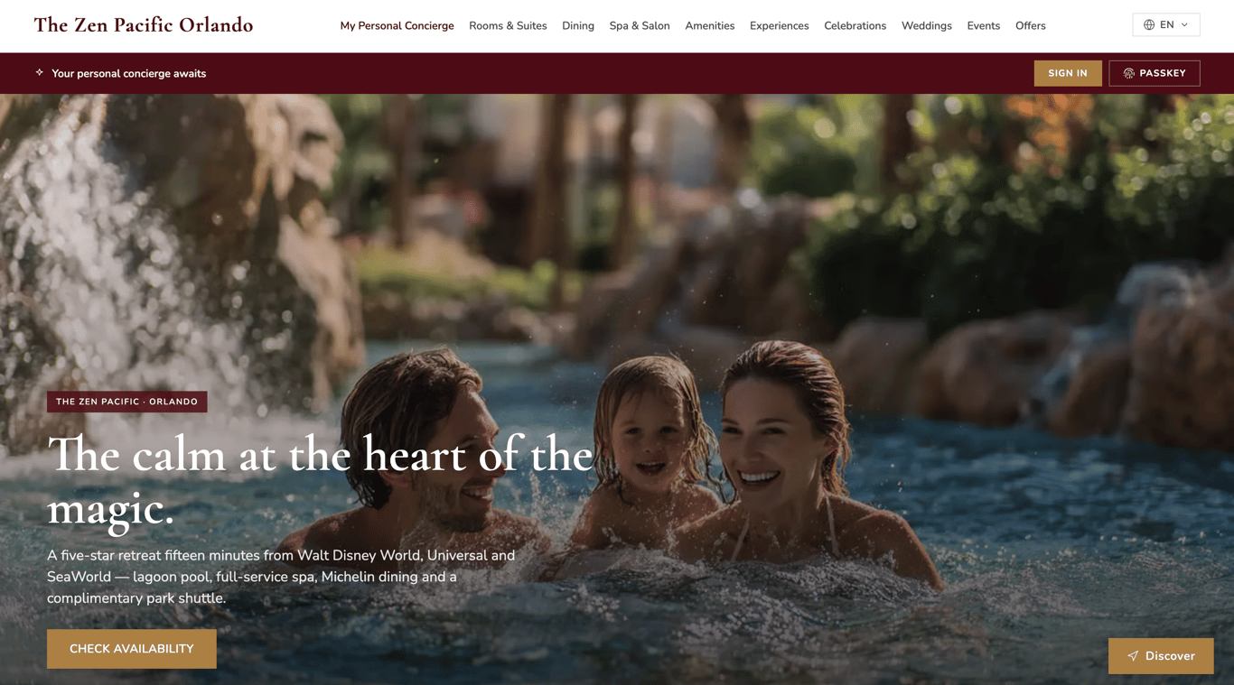 The Zen Pacific Orlando property website home page, in English.