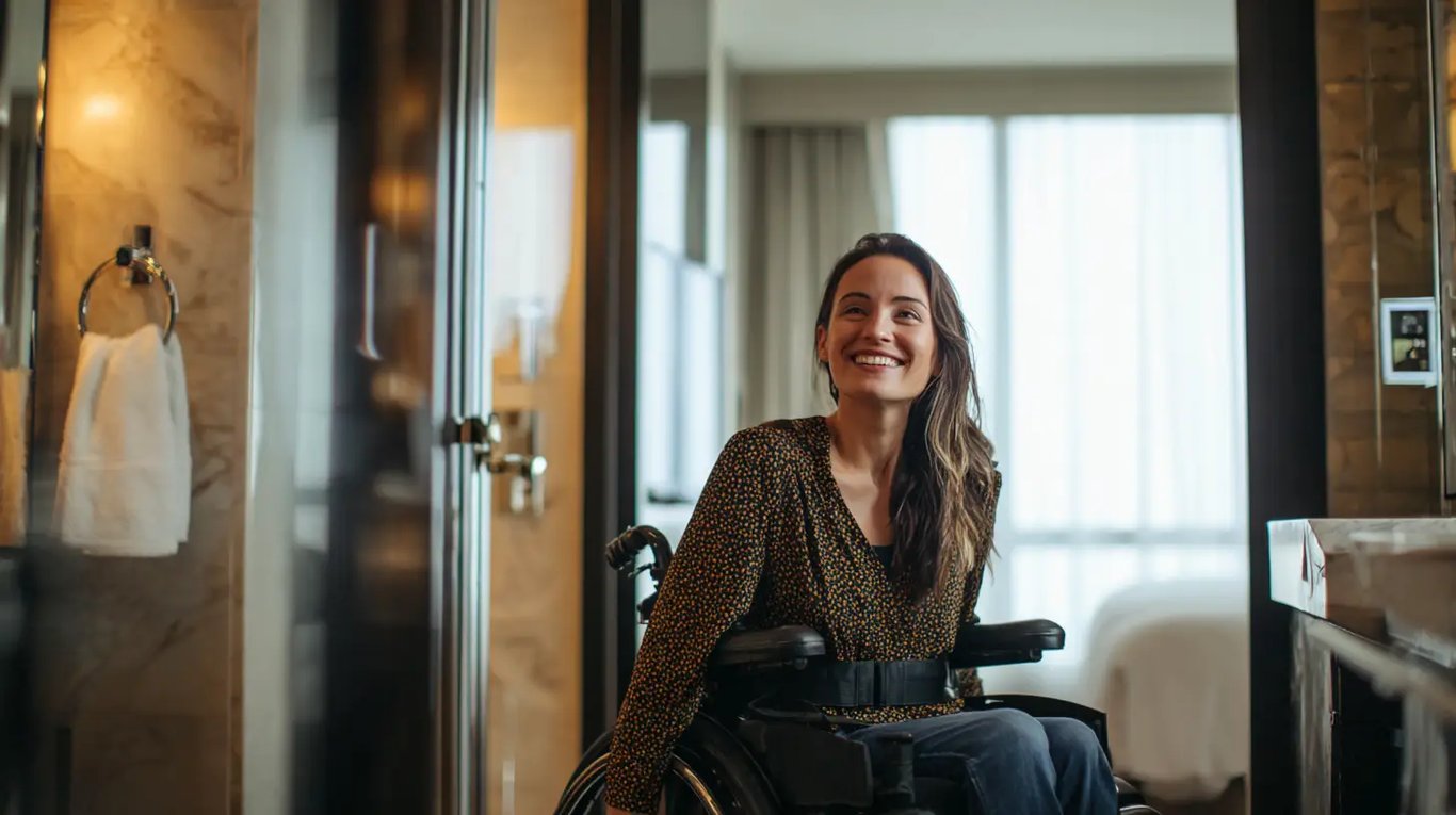 Guest in wheelchair in accessible hotel room