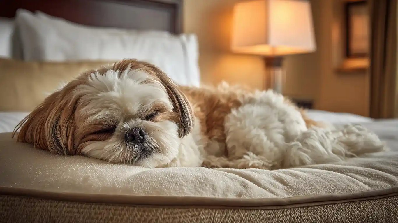 Peaceful Shih Tzu sleeping on luxury hotel bedding