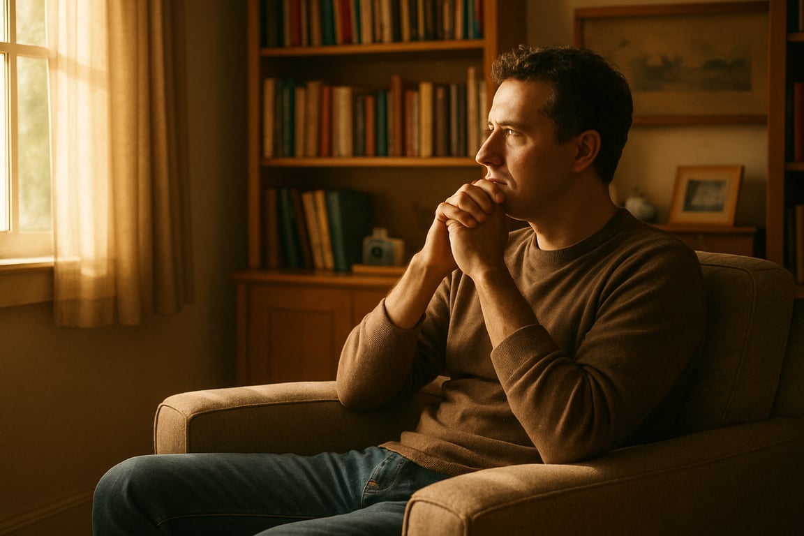 A photorealistic shot capturing a person sitting in a comfortable armchair, thoughtfully reflecting on their life goals and aspirations in a cozy, sunlit room with bookshelves and personal mementos, soft, warm lighting creating a peaceful and introspective atmosphere, emphasizing the importance of self-reflection and personal growth, captured in a realistic and inviting style.