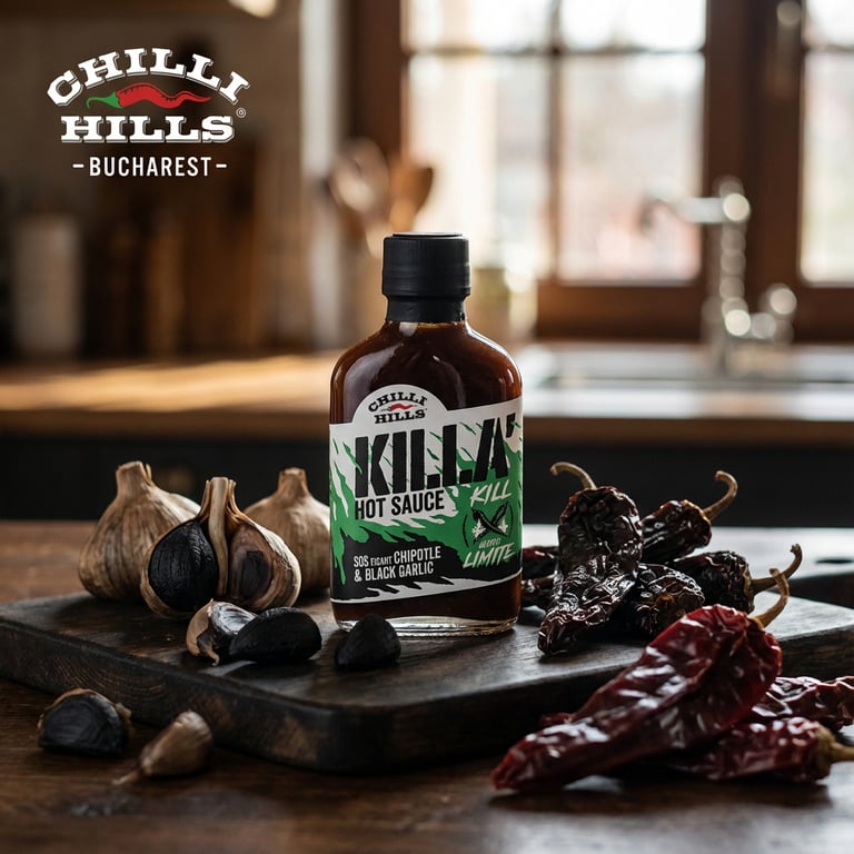 Sosuri iuți artizanale Chilli Hills pentru Bloody Mary pe blat de lemn