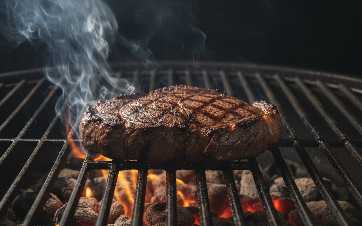 Fum ridicându-se de pe un grătar cu carne de vită aproape arsă din cauza condimentării greșite