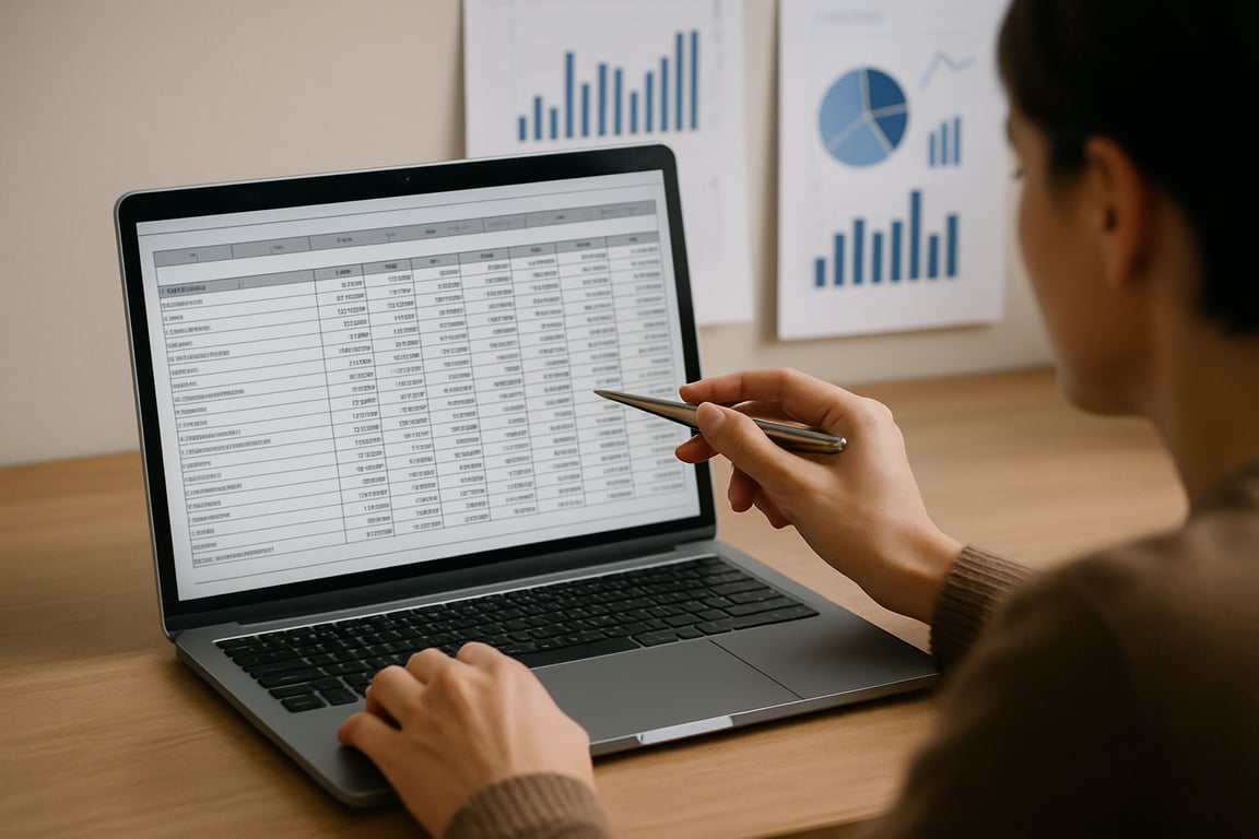A photorealistic shot capturing a person carefully reviewing a budget spreadsheet on a laptop, with financial charts and graphs visible in the background, reflecting the importance of financial planning and budgeting in wholesale clothing purchases.