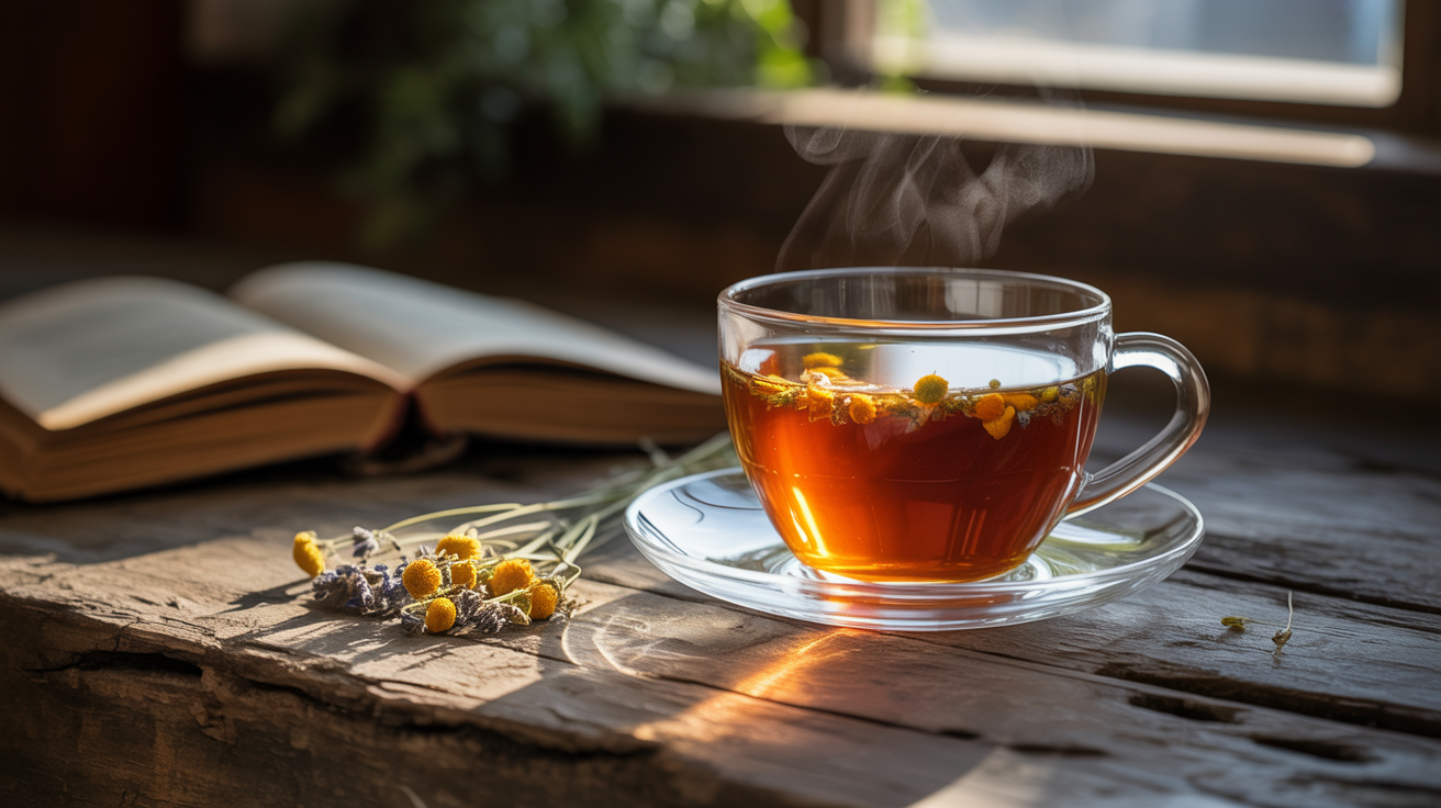 O cană aburindă cu ceai de plante, remediu natural pentru tuse