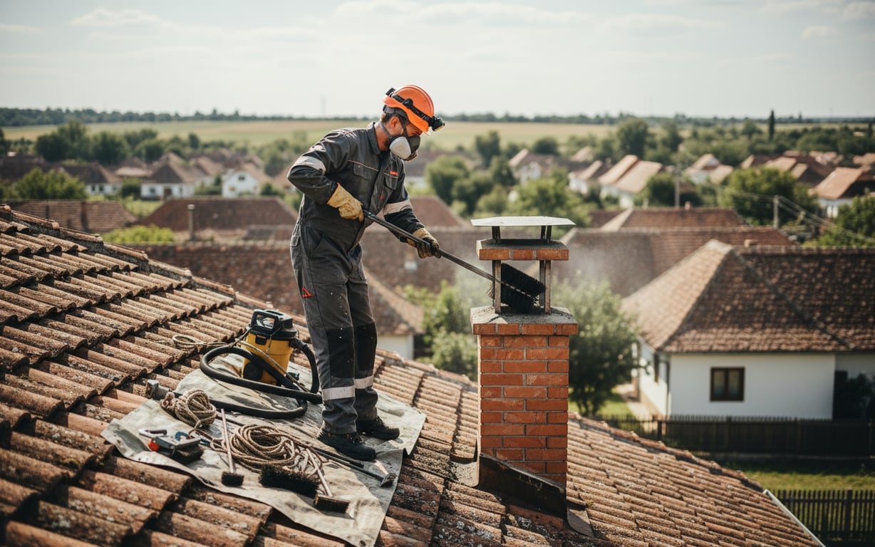 Profesionist curățând coșul de fum cu echipament specializat și perii