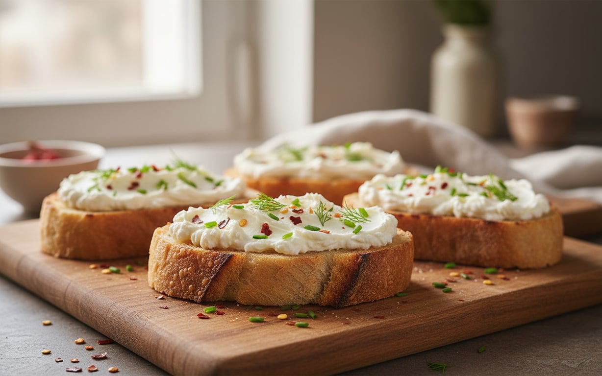 Tartine cu cremă de brânză și chili pe pâine prăjită