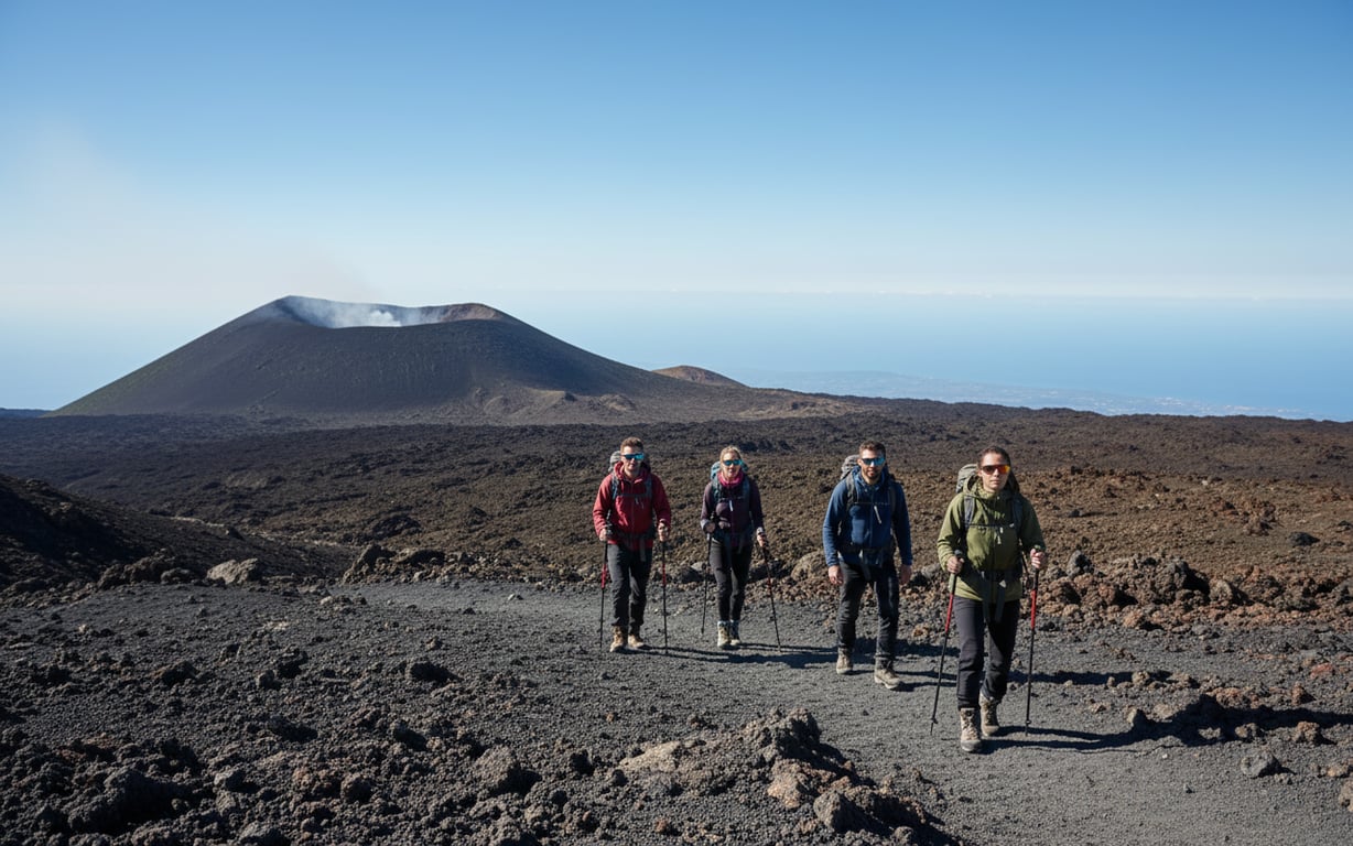 Turiști echipați cu bocanci și jachete urcând pe traseul Etna