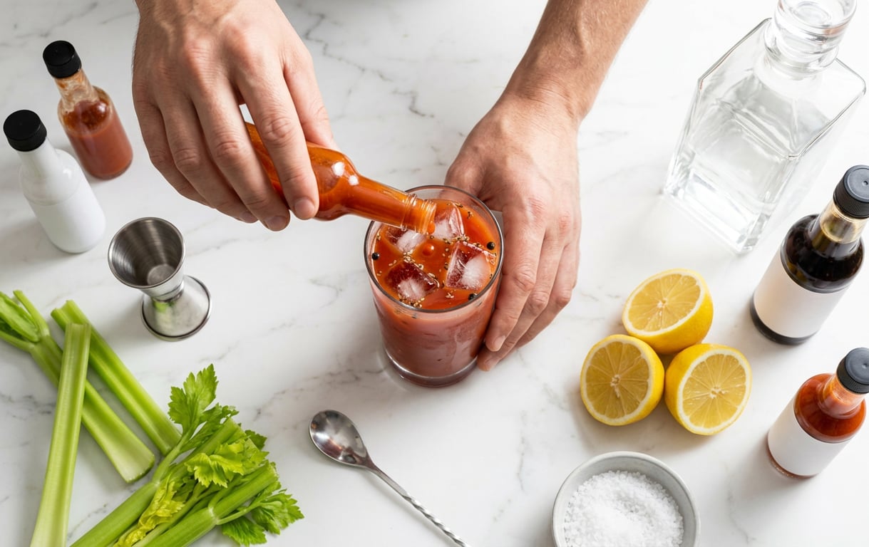 Proces de preparare Bloody Mary cu adăugare sos iute în pahar cu ingrediente
