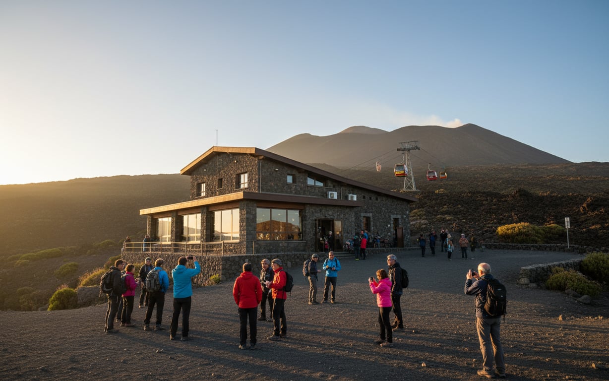 Rifugio Sapienza stație telecabina Etna Sud cu turiști și peisaj vulcanic