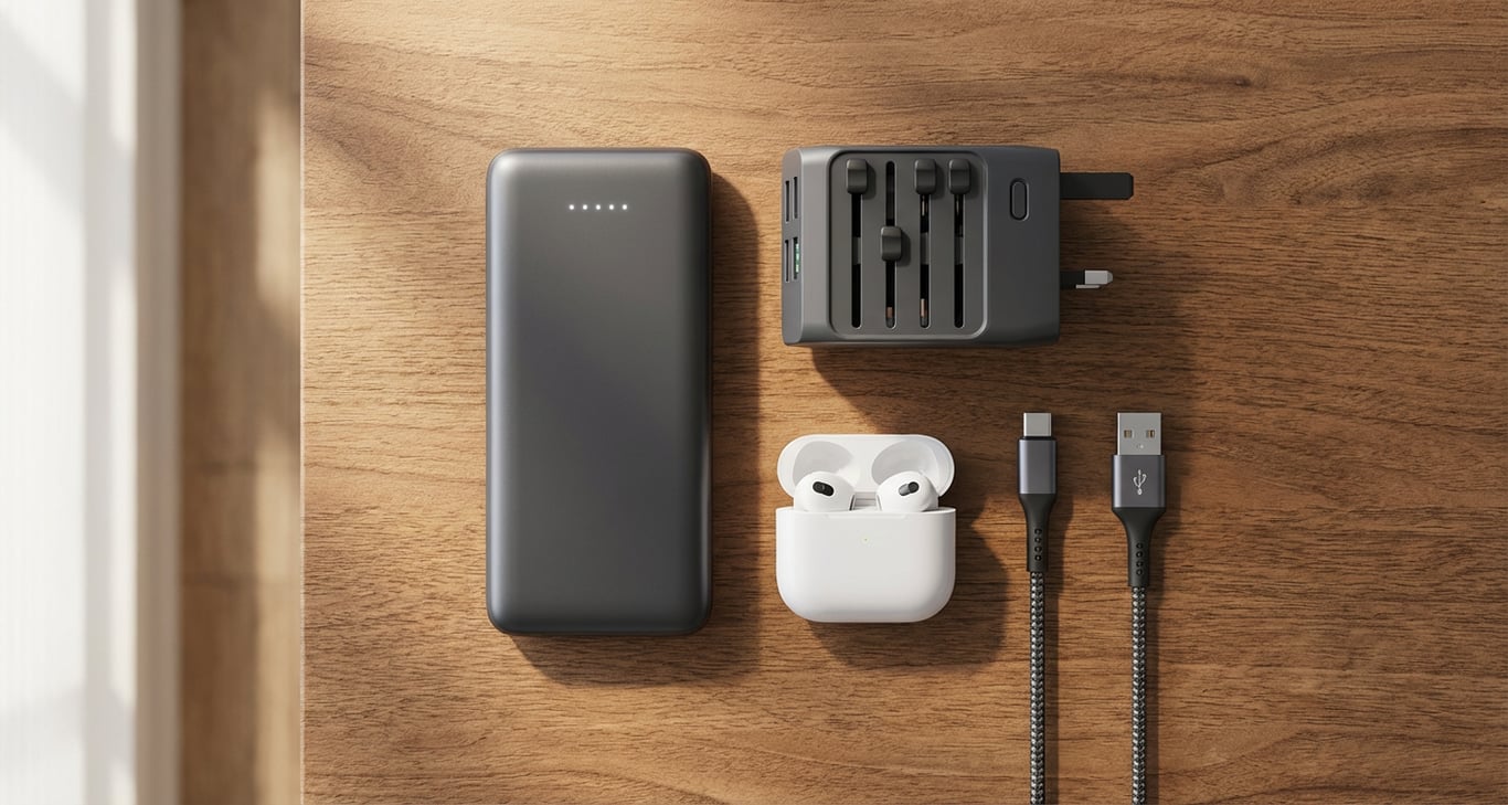 Colectie de accesorii tech pentru calatorii incluzand baterie externa si adaptor universal