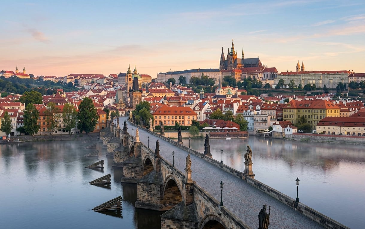 Podul Carol la răsărit cu statui baroce și Castelul Praga în fundal