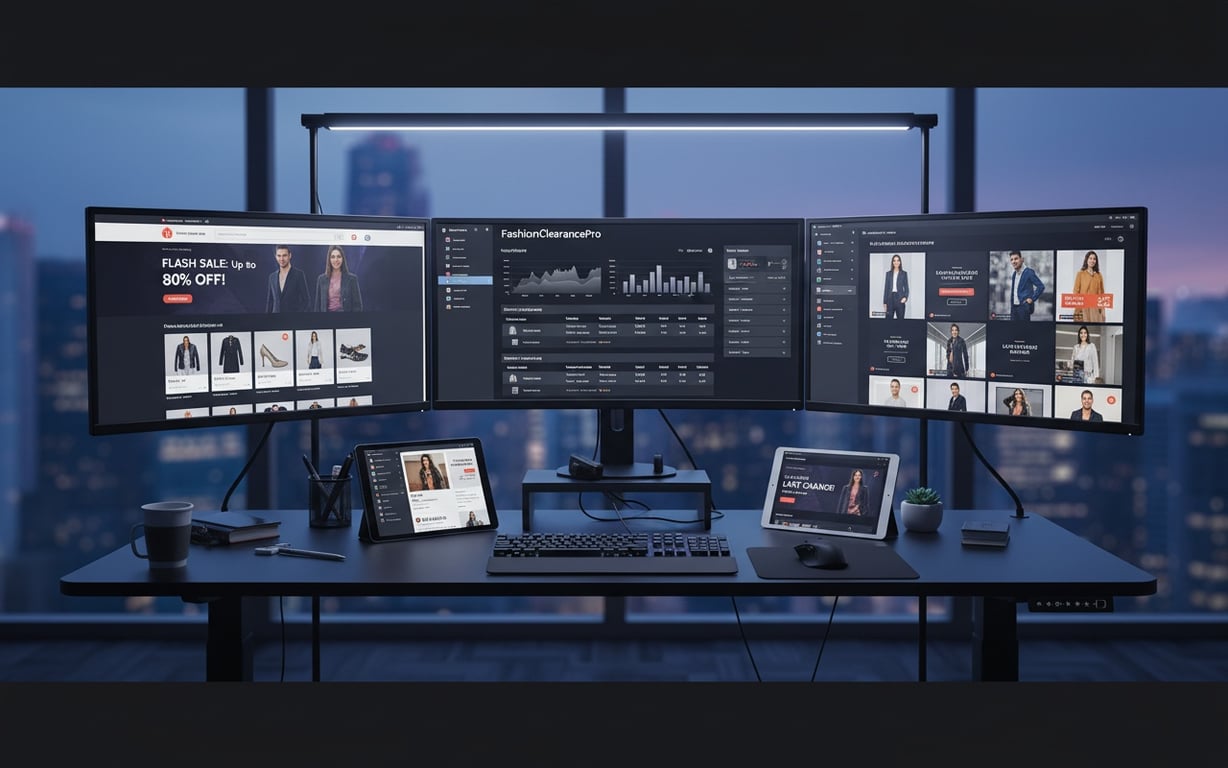 Digital workspace showing online marketplace liquidation strategy with multiple screens