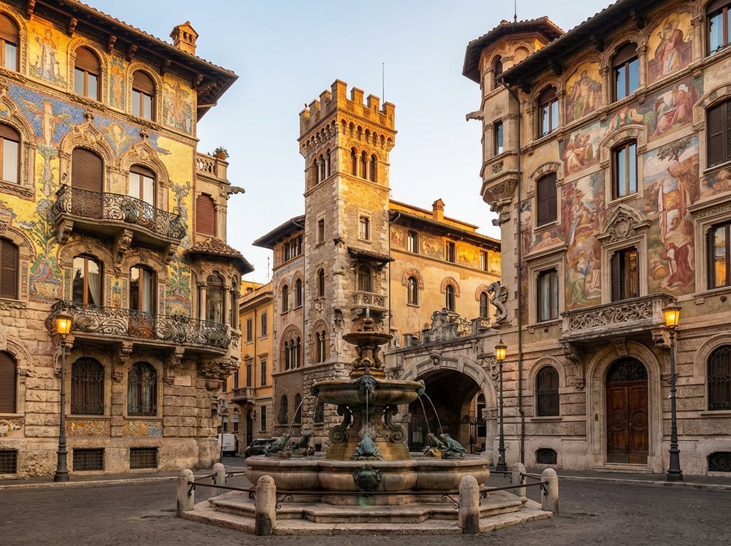 Quartiere Coppedè cu arhitectura Art Nouveau și Fontana delle Rane în centru