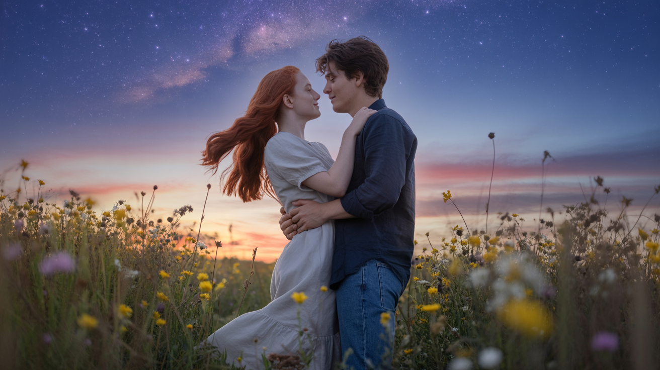 Un cuplu tânăr, pasional, într-o îmbrățișare romantică, sub lumina stelelor