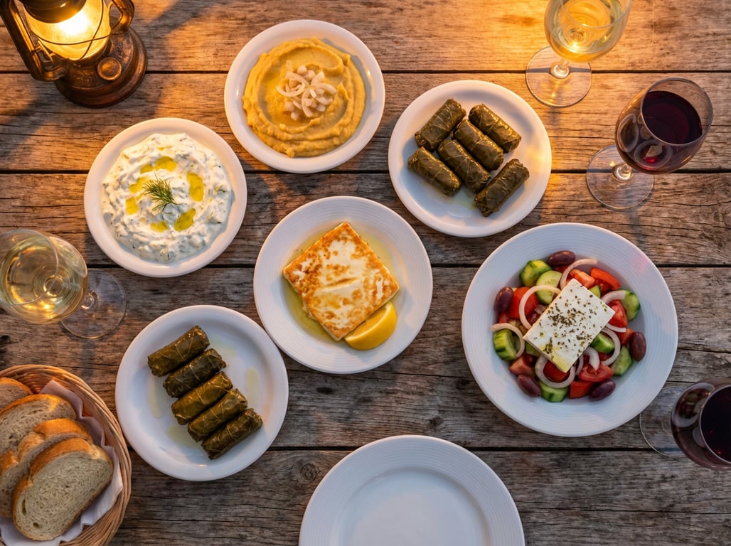 Masă tradițională grecească cu meze variate, tzatziki, saganaki și pâine servite în tavernă ateniană