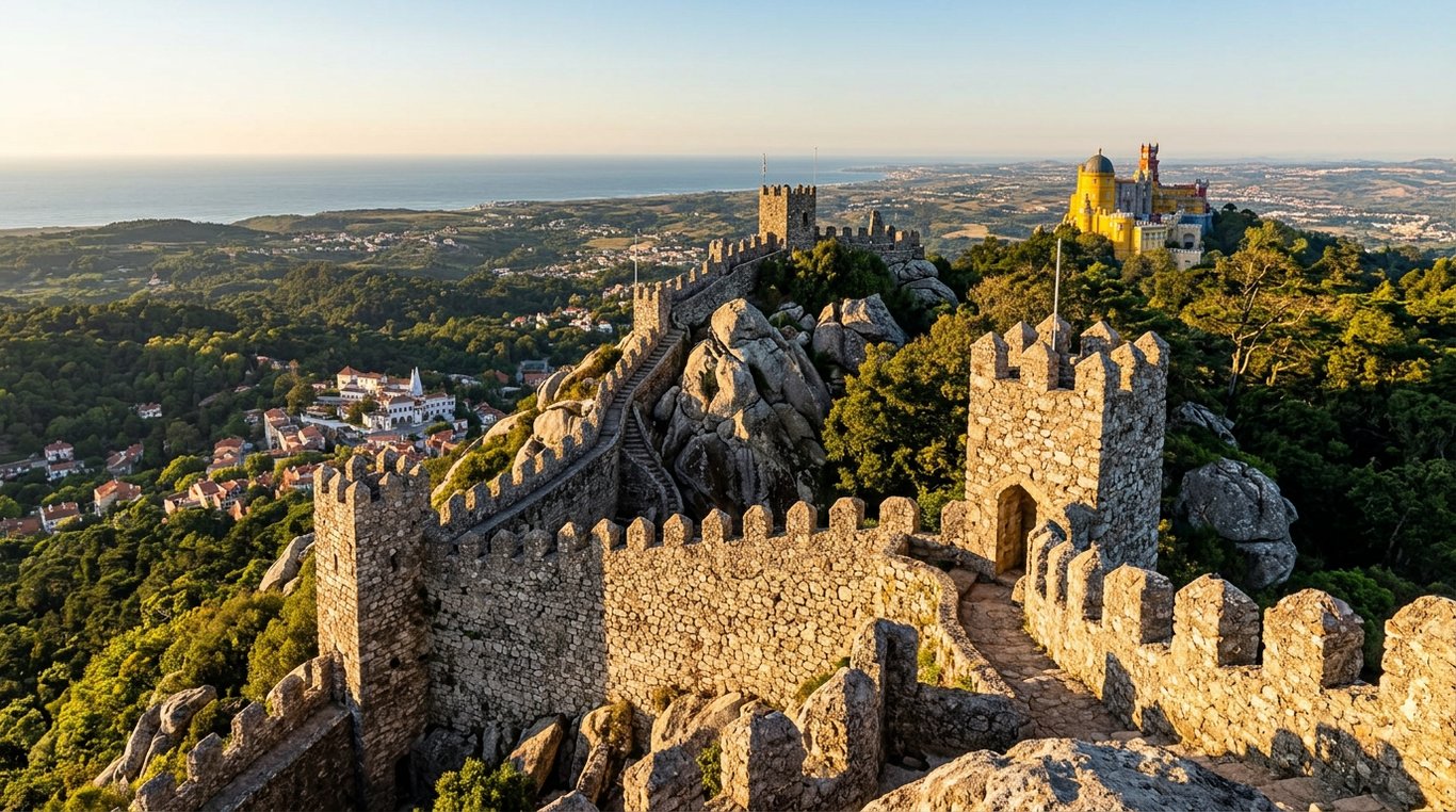Zidurile medievale ale Castelului Maurilor șerpuind pe crestele dealurilor cu panoramă spre Sintra și ocean