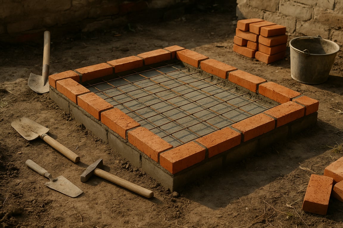 A photorealistic shot capturing the construction of a brick stove foundation, showing the reinforced concrete base with a welded mesh, set in a construction site with tools and materials scattered around, natural daylight illuminating the scene, emphasizing the importance of a solid foundation for the stove, photographed in a documentary style.