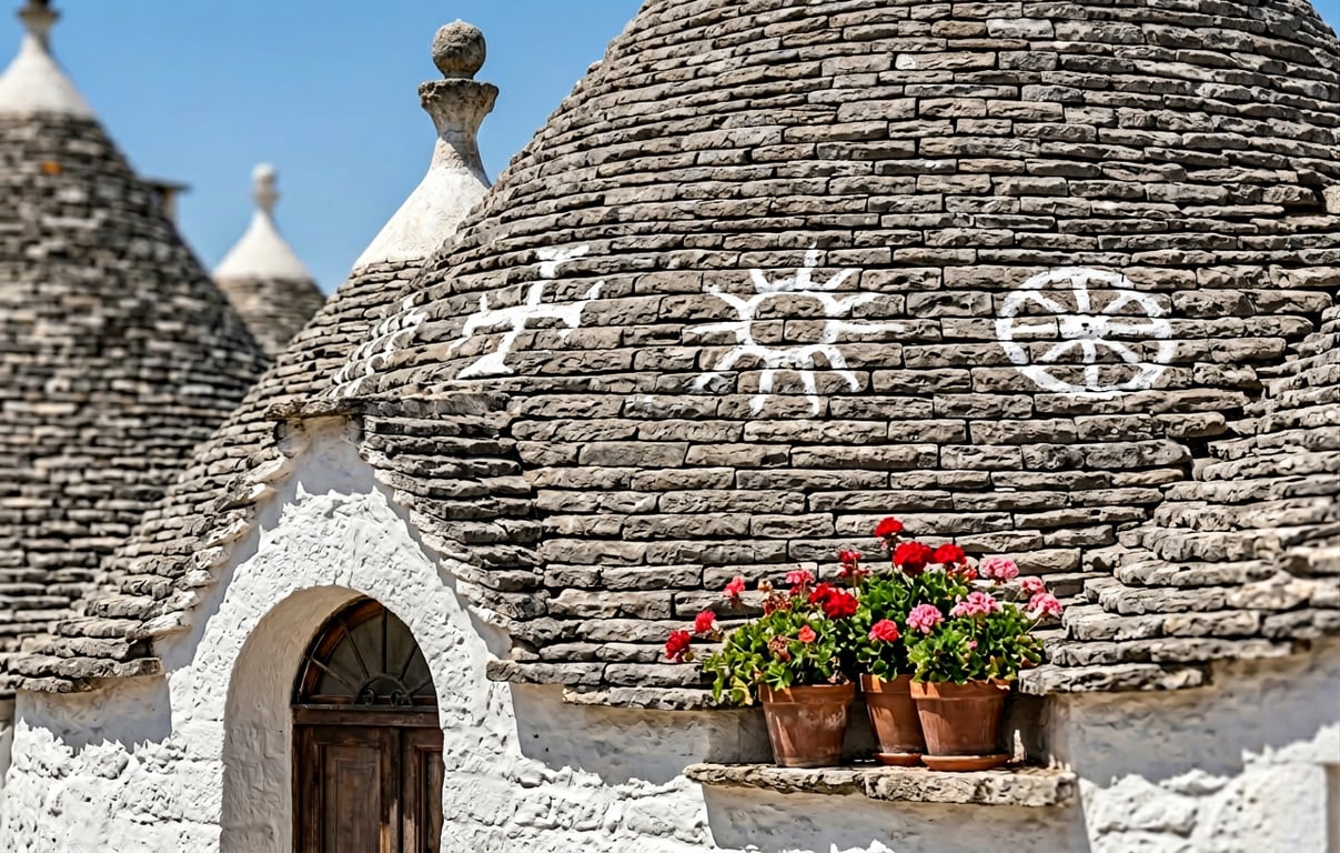 Detaliu arhitectural al unui trullo autentic cu acoperiș conic din piatră și simboluri pictate