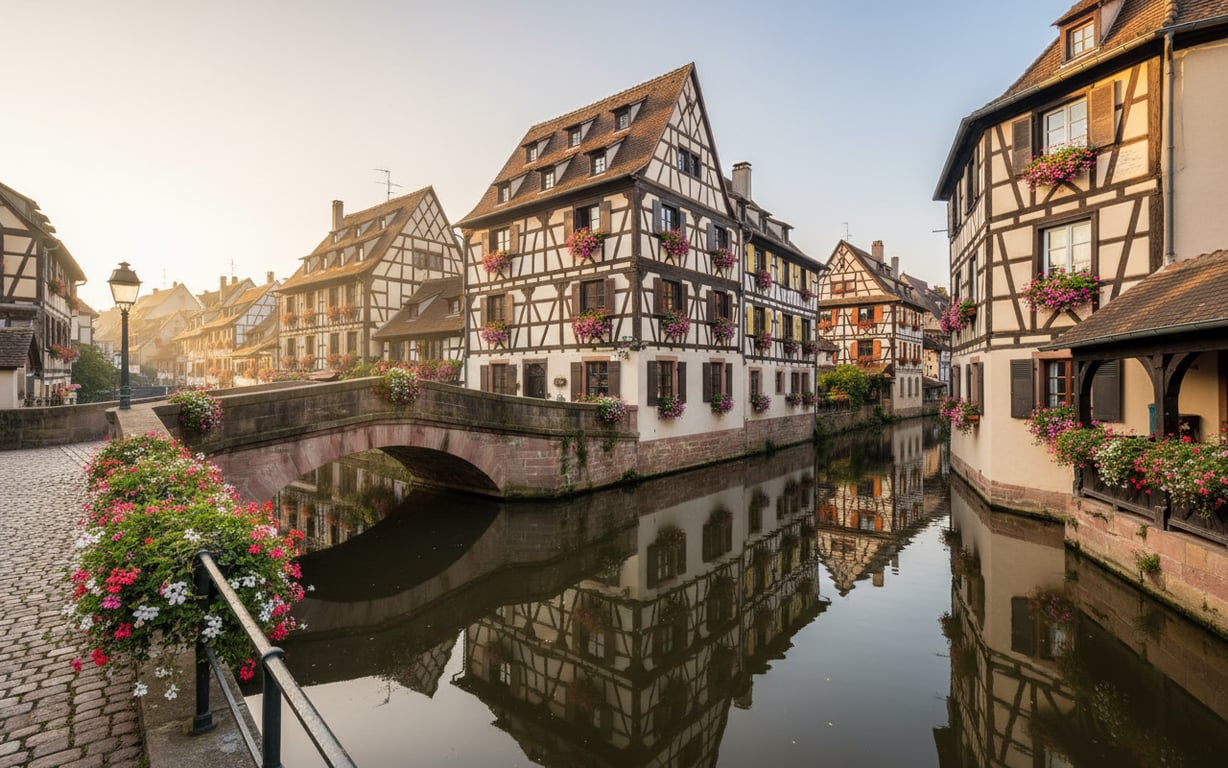 Case tradiționale cu grinzi de lemn pe malul unui canal în cartierul La Petite France din Strasbourg
