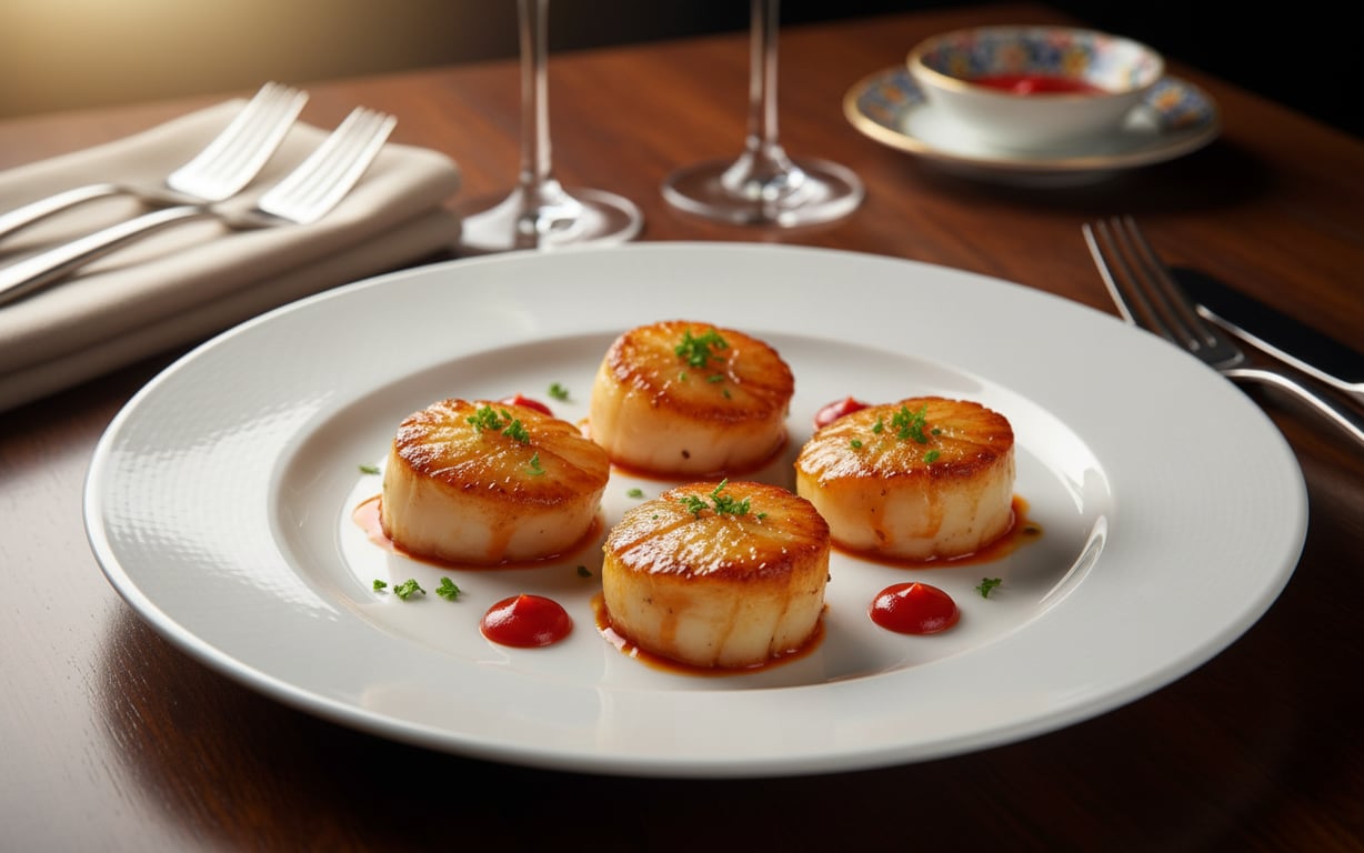 Scoici gratinate cu sos sriracha servite pe farfurie elegantă