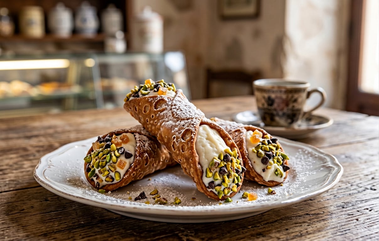Cannoli sicilieni proaspeți cu cremă de ricotta și fistic de Bronte