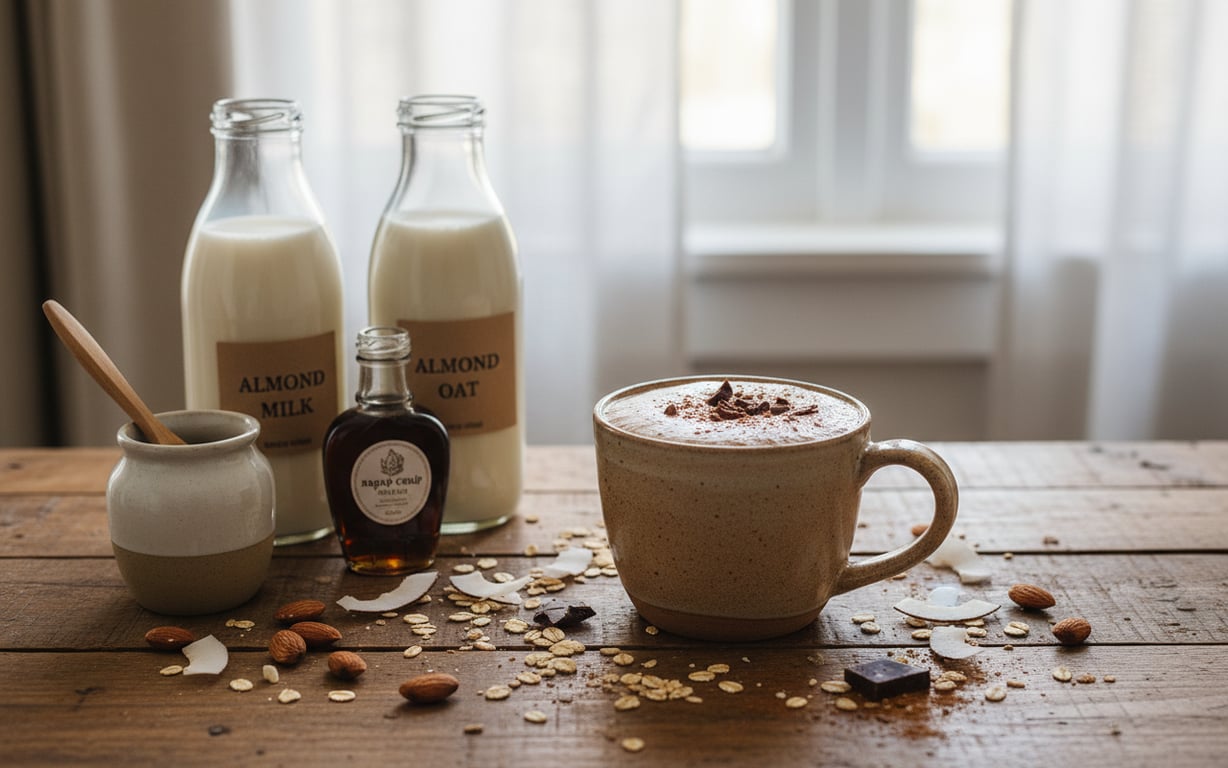 Ciocolată caldă vegană cu lapte de migdale și sirop natural