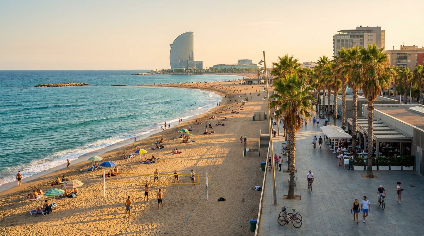Plajă urbană din Barcelona cu nisip auriu, promenadă și Marea Mediterană în fundal