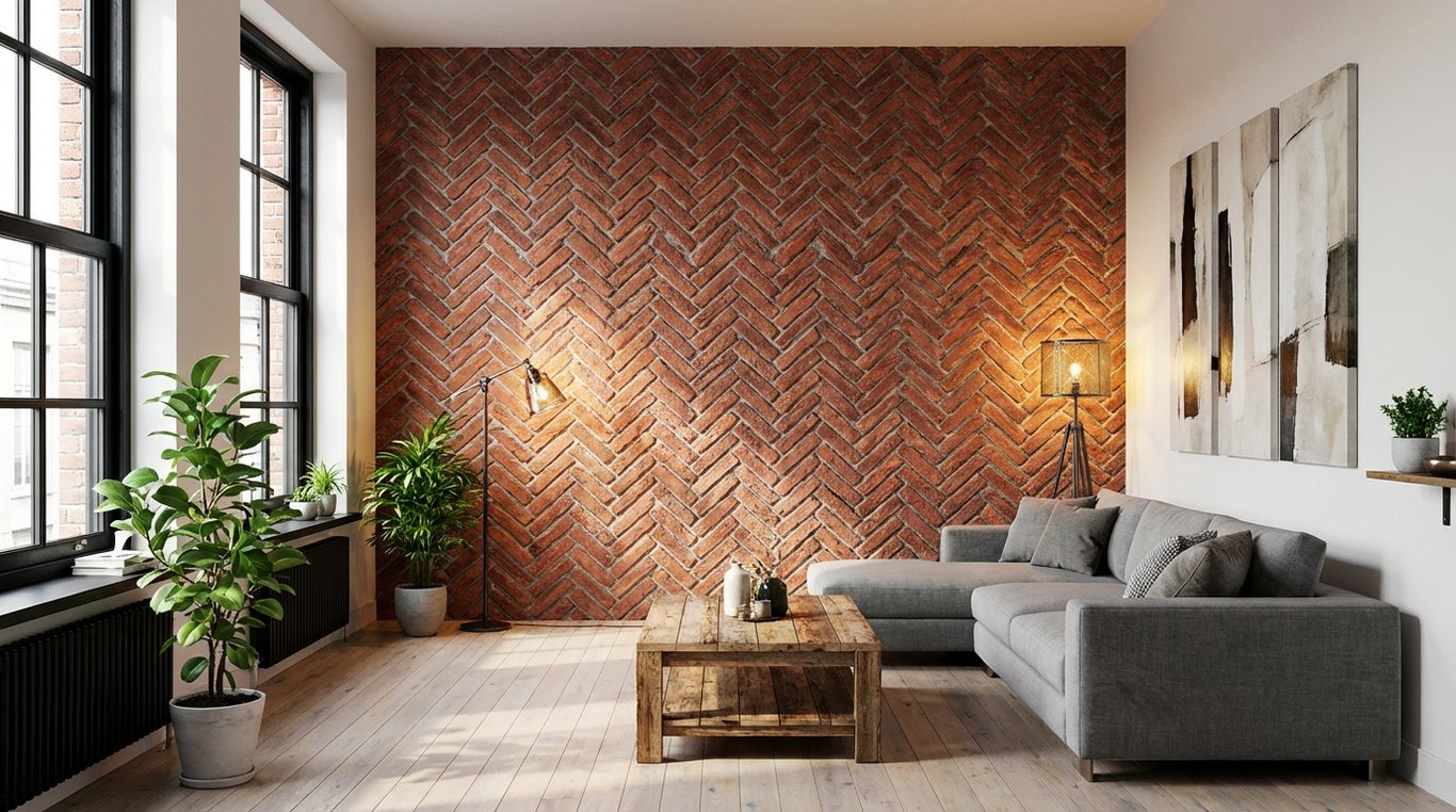 Perete de accent cu cărămidă decorativă roșie în living modern cu canapea gri