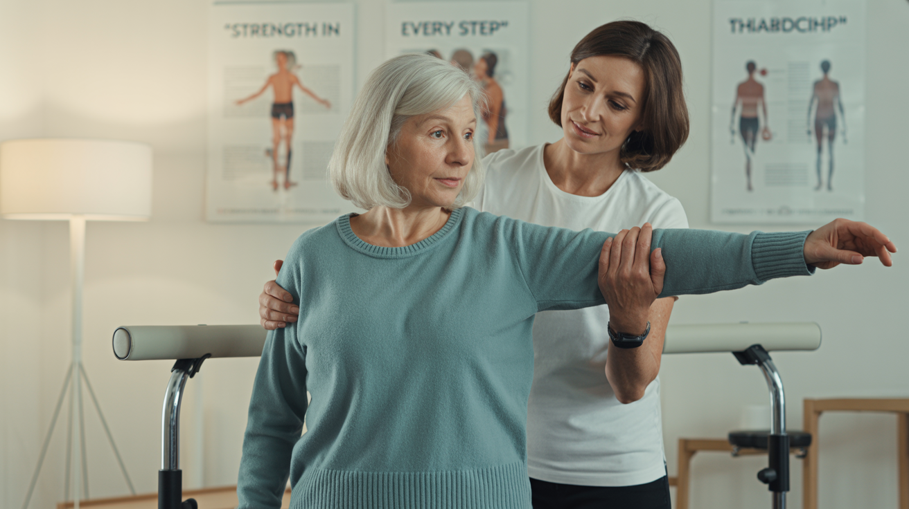 Pacient vârstnic efectuând exerciții de echilibru sub supravegherea unui fizioterapeut