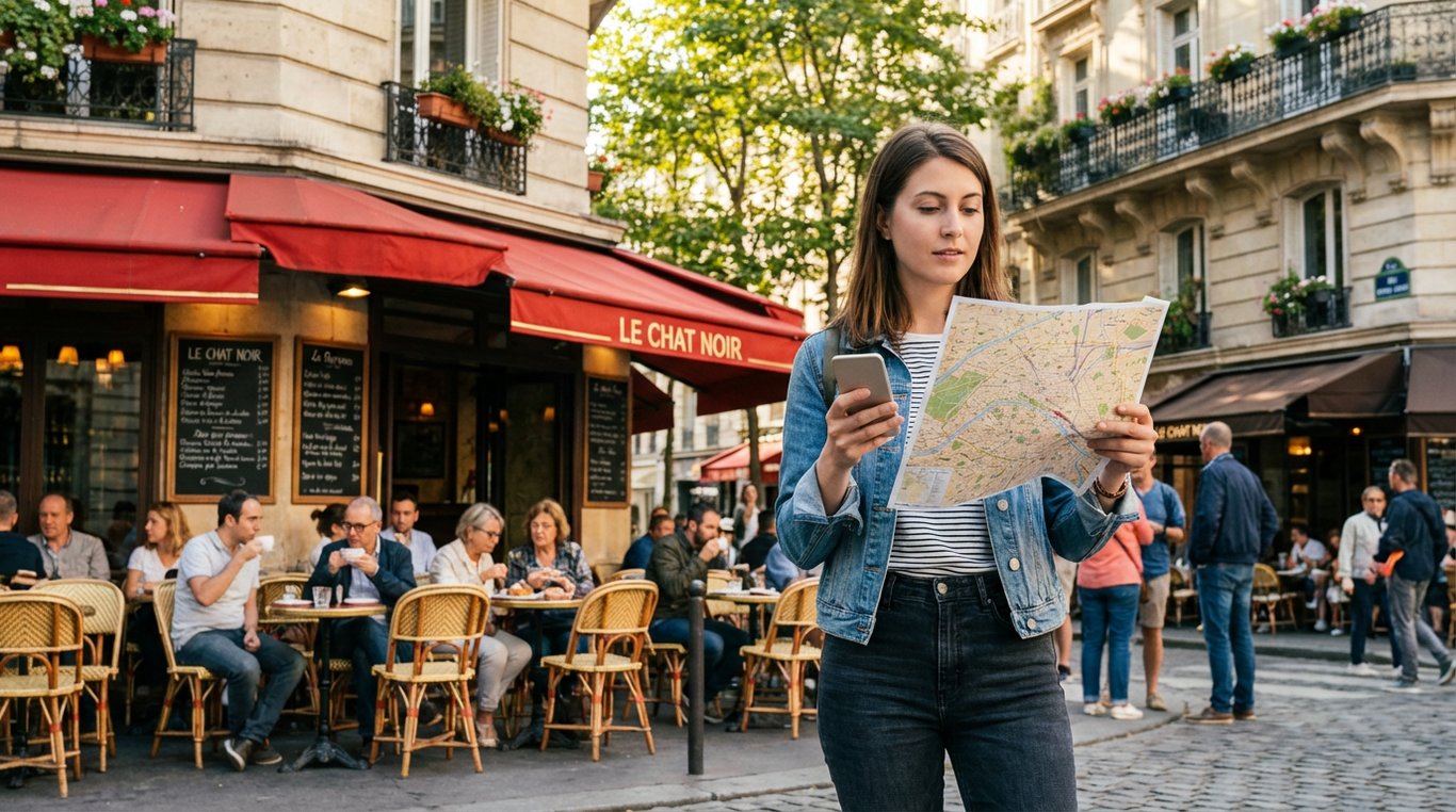 Turist tânăr studiind hartă în fața cafenelei pariziene clasice cu terasă animată