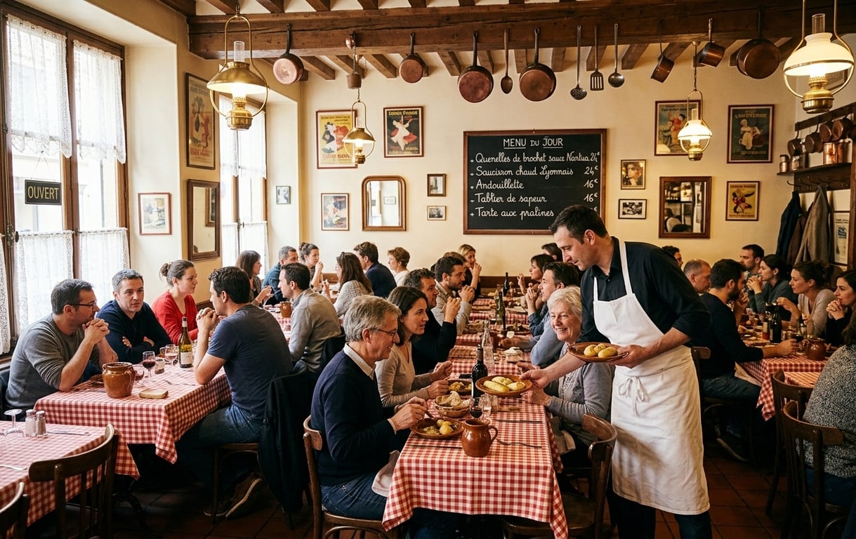 Interior autentic de bouchon lyonez cu mese de lemn, decorațiuni tradiționale și preparate locale